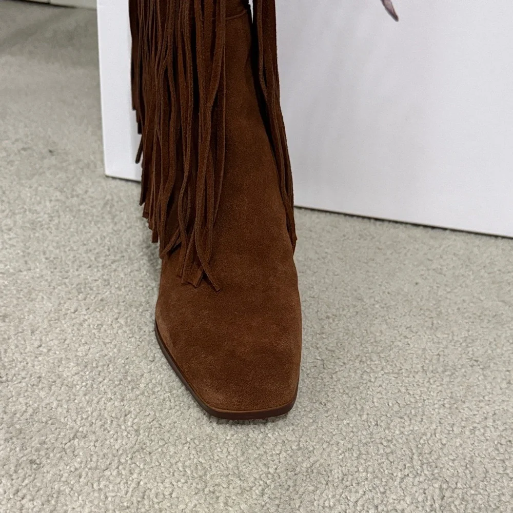Jessica Simpson Brown Suede Fringe Heeled Boots - Picture 3 of 8